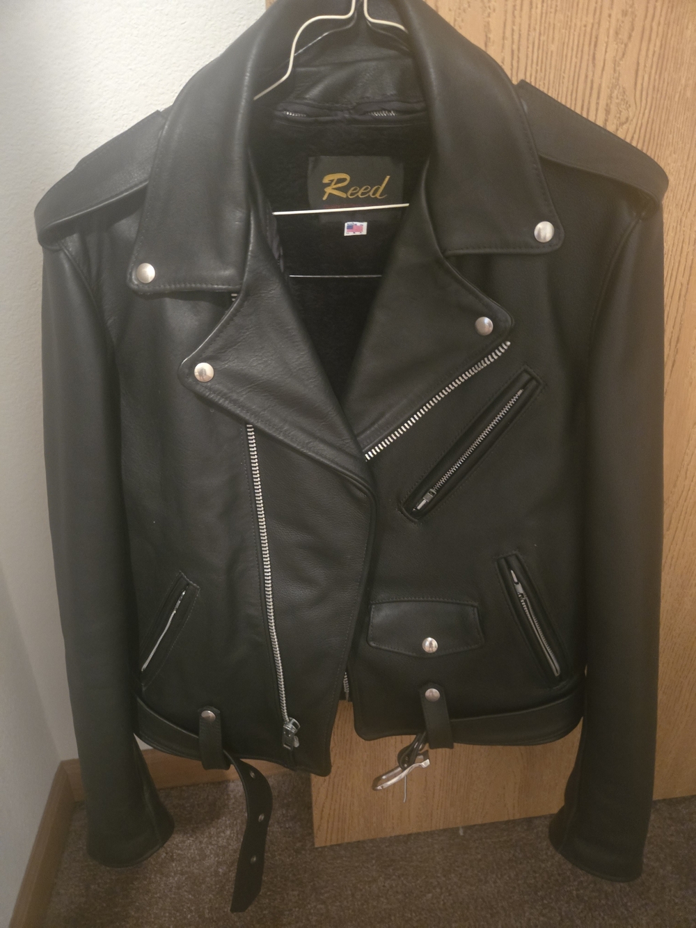 Reed Black Leather Biker Jacket with Zip Pocket Details